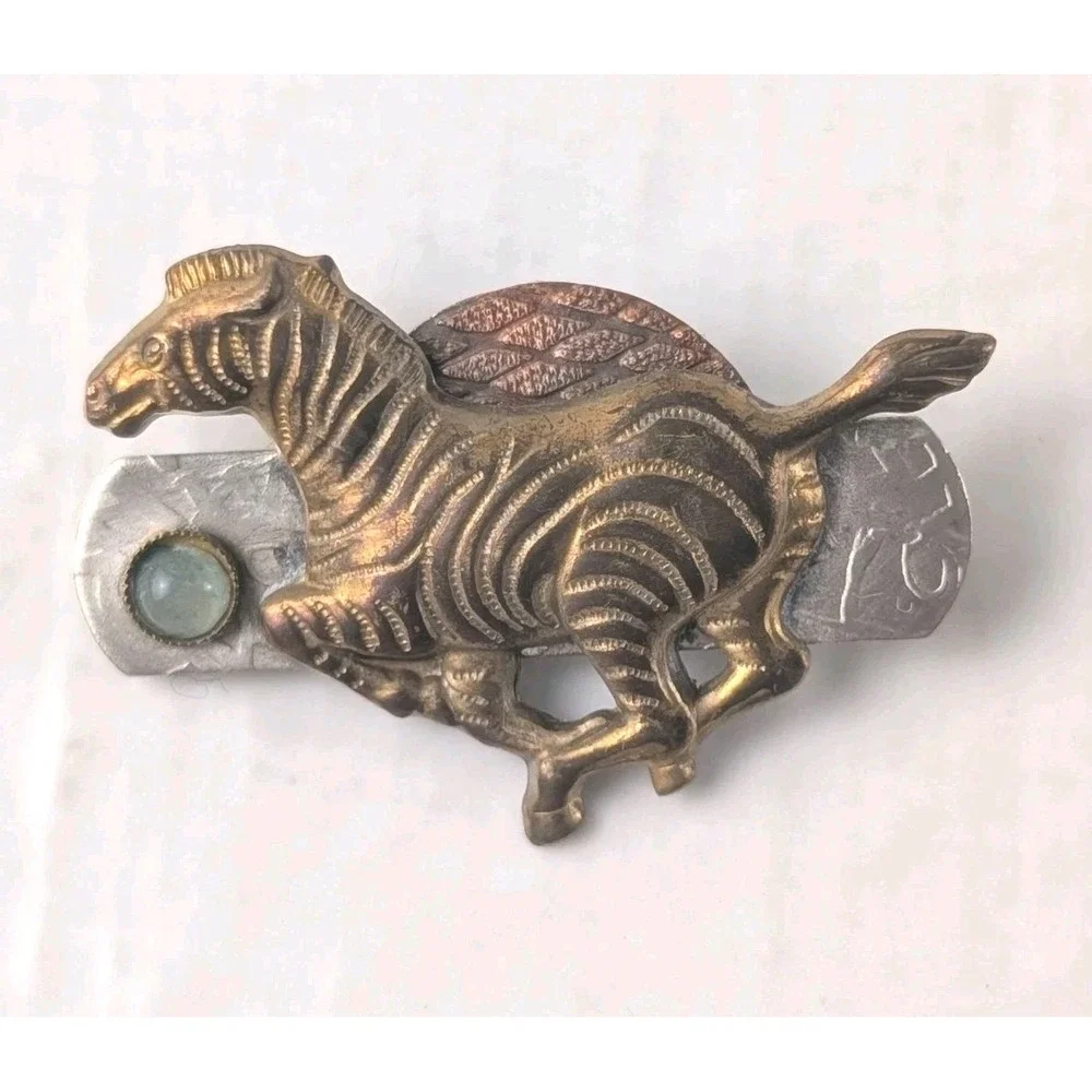 Artisan Mixed Metal Running Horse Brooch Pin Green Cabochon Southwestern Style